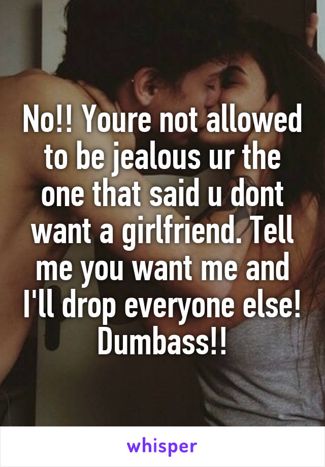 No!! Youre not allowed to be jealous ur the one that said u dont want a girlfriend. Tell me you want me and I'll drop everyone else! Dumbass!!