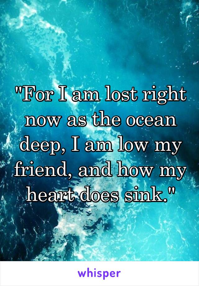"For I am lost right now as the ocean deep, I am low my friend, and how my heart does sink."
