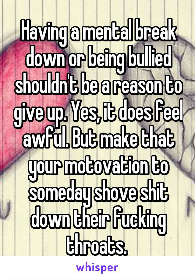 Having a mental break down or being bullied shouldn't be a reason to give up. Yes, it does feel awful. But make that your motovation to someday shove shit down their fucking throats. 