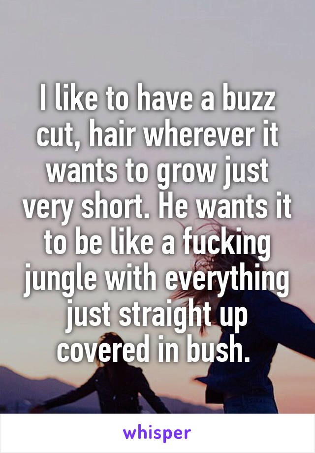 I like to have a buzz cut, hair wherever it wants to grow just very short. He wants it to be like a fucking jungle with everything just straight up covered in bush. 