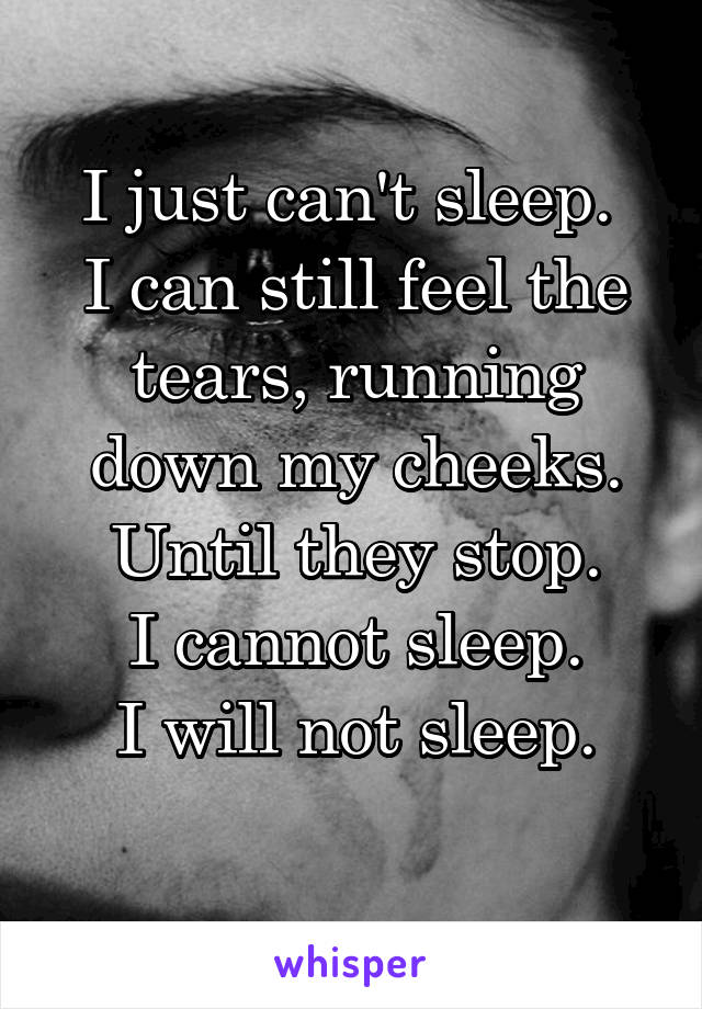 I just can't sleep. 
I can still feel the tears, running down my cheeks.
Until they stop.
I cannot sleep.
I will not sleep.
