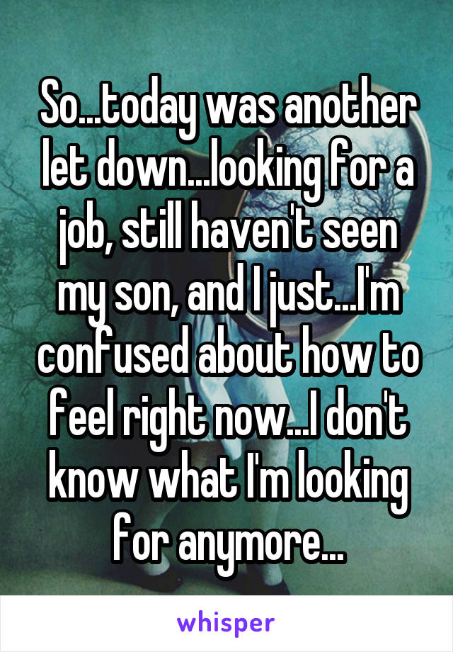 So...today was another let down...looking for a job, still haven't seen my son, and I just...I'm confused about how to feel right now...I don't know what I'm looking for anymore...