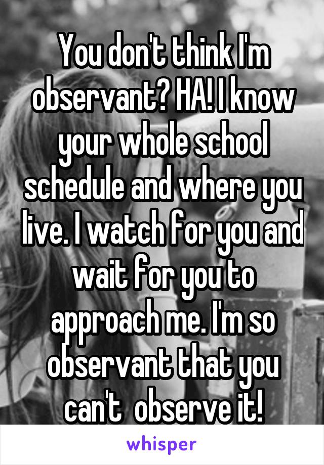 You don't think I'm observant? HA! I know your whole school schedule and where you live. I watch for you and wait for you to approach me. I'm so observant that you can't  observe it!