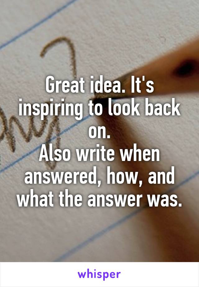 Great idea. It's inspiring to look back on.
Also write when answered, how, and what the answer was.