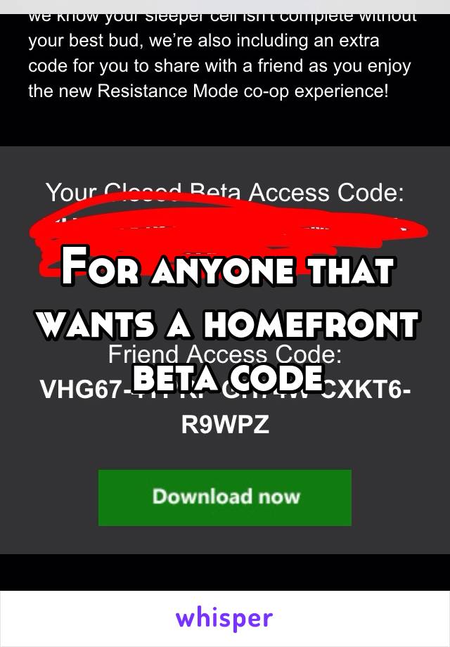 For anyone that wants a homefront beta code