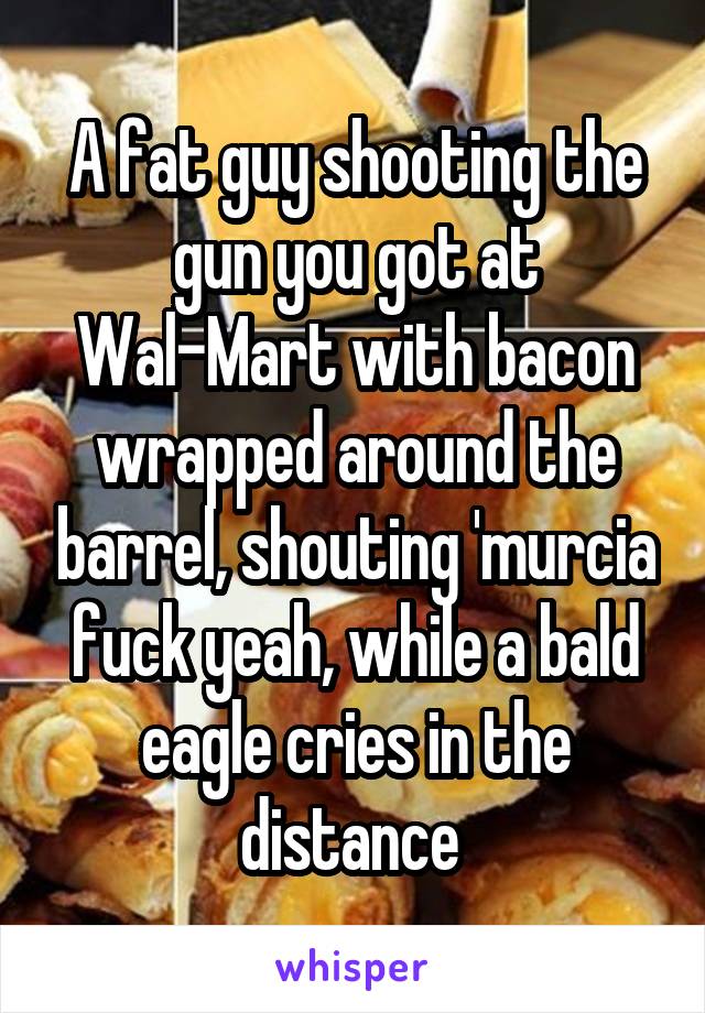 A fat guy shooting the gun you got at Wal-Mart with bacon wrapped around the barrel, shouting 'murcia fuck yeah, while a bald eagle cries in the distance 