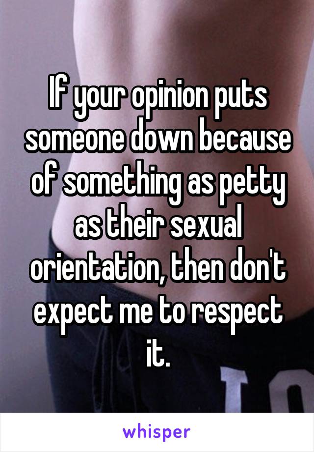 If your opinion puts someone down because of something as petty as their sexual orientation, then don't expect me to respect it.