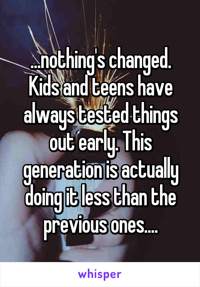 ...nothing's changed. Kids and teens have always tested things out early. This generation is actually doing it less than the previous ones....