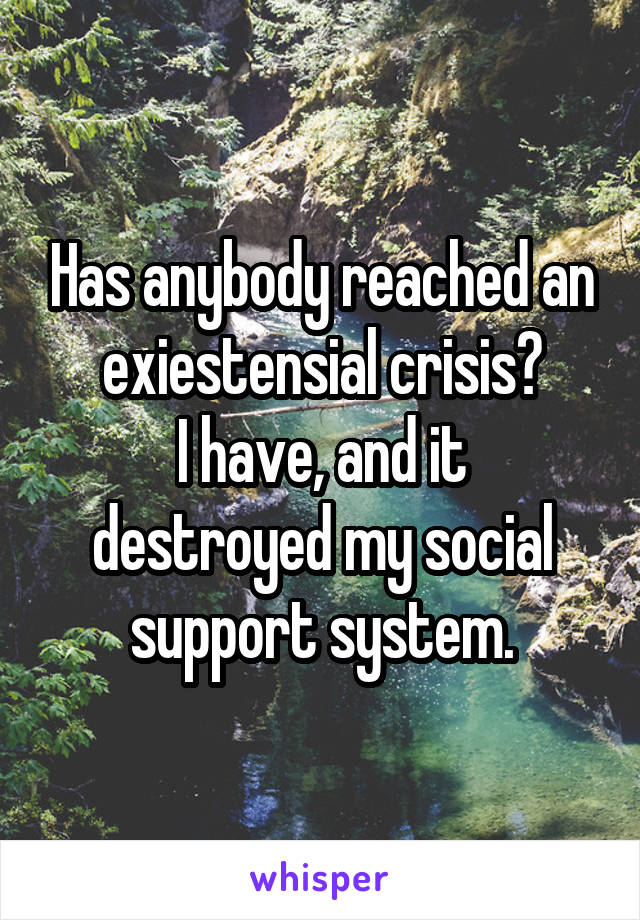 Has anybody reached an exiestensial crisis?
I have, and it destroyed my social support system.