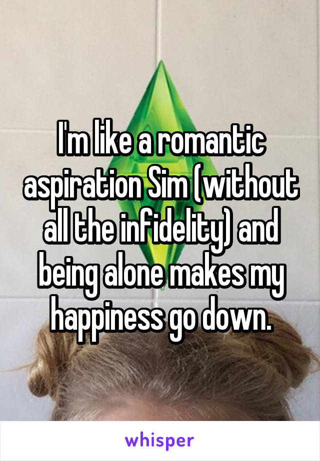 I'm like a romantic aspiration Sim (without all the infidelity) and being alone makes my happiness go down.