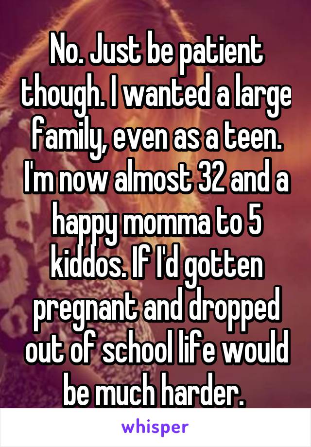 No. Just be patient though. I wanted a large family, even as a teen. I'm now almost 32 and a happy momma to 5 kiddos. If I'd gotten pregnant and dropped out of school life would be much harder. 