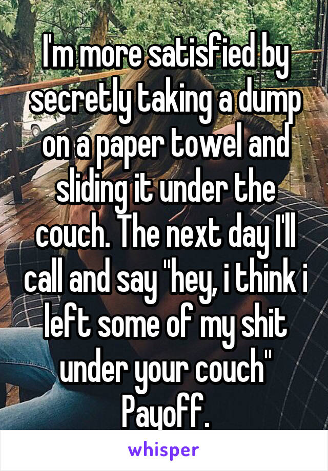 I'm more satisfied by secretly taking a dump on a paper towel and sliding it under the couch. The next day I'll call and say "hey, i think i left some of my shit under your couch"
Payoff.