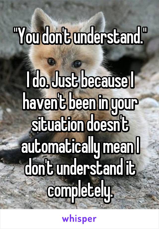 "You don't understand."

I do. Just because I haven't been in your situation doesn't automatically mean I don't understand it completely.