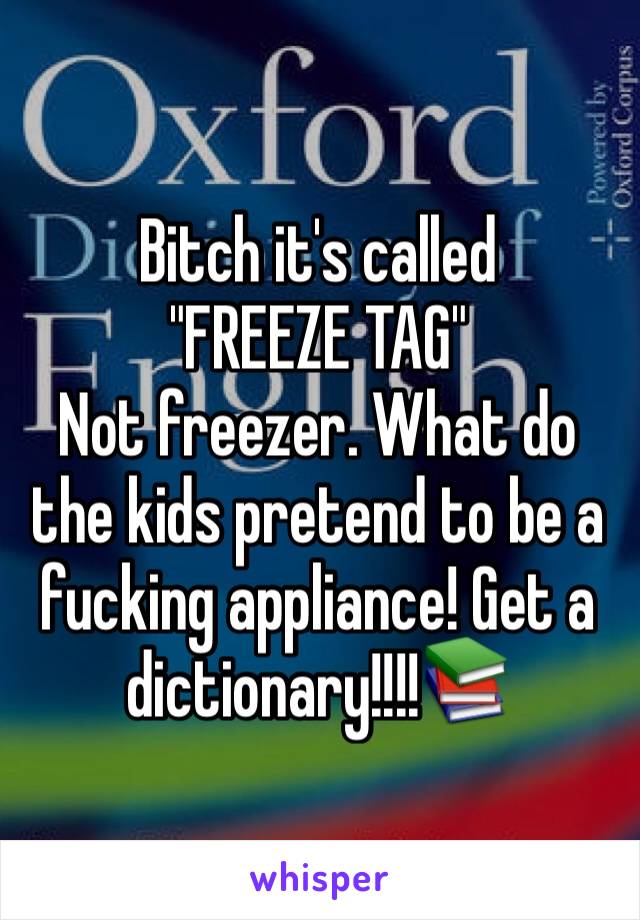Bitch it's called 
"FREEZE TAG"
Not freezer. What do the kids pretend to be a fucking appliance! Get a dictionary!!!!📚