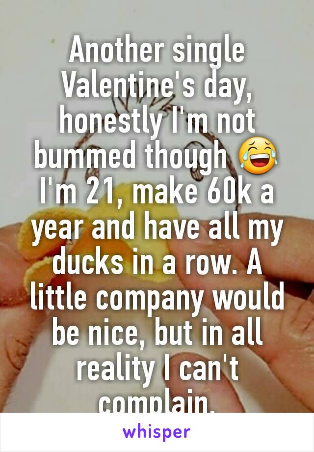 Another single Valentine's day, honestly I'm not bummed though 😂 I'm 21, make 60k a year and have all my ducks in a row. A little company would be nice, but in all reality I can't complain.