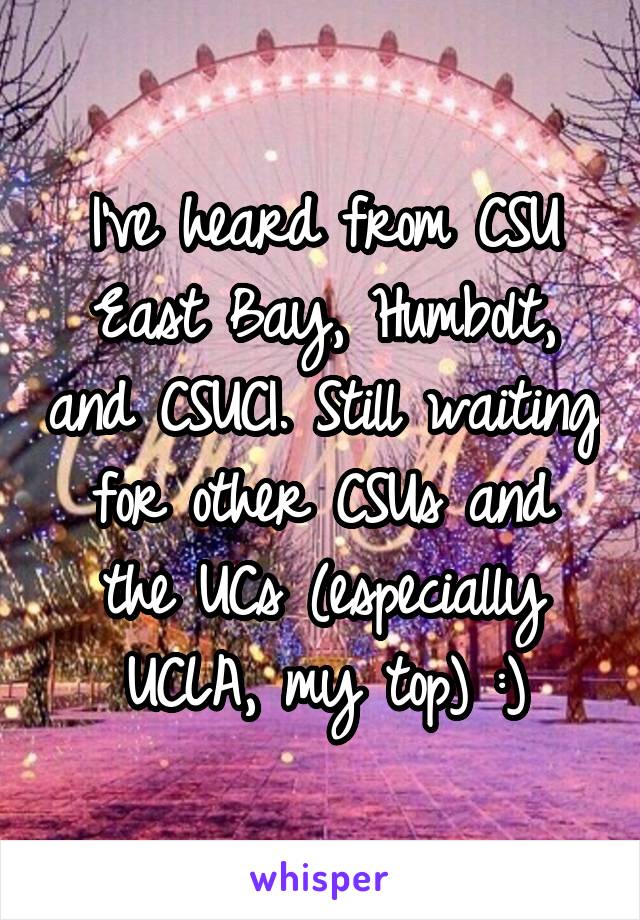 I've heard from CSU East Bay, Humbolt, and CSUCI. Still waiting for other CSUs and the UCs (especially UCLA, my top) :)
