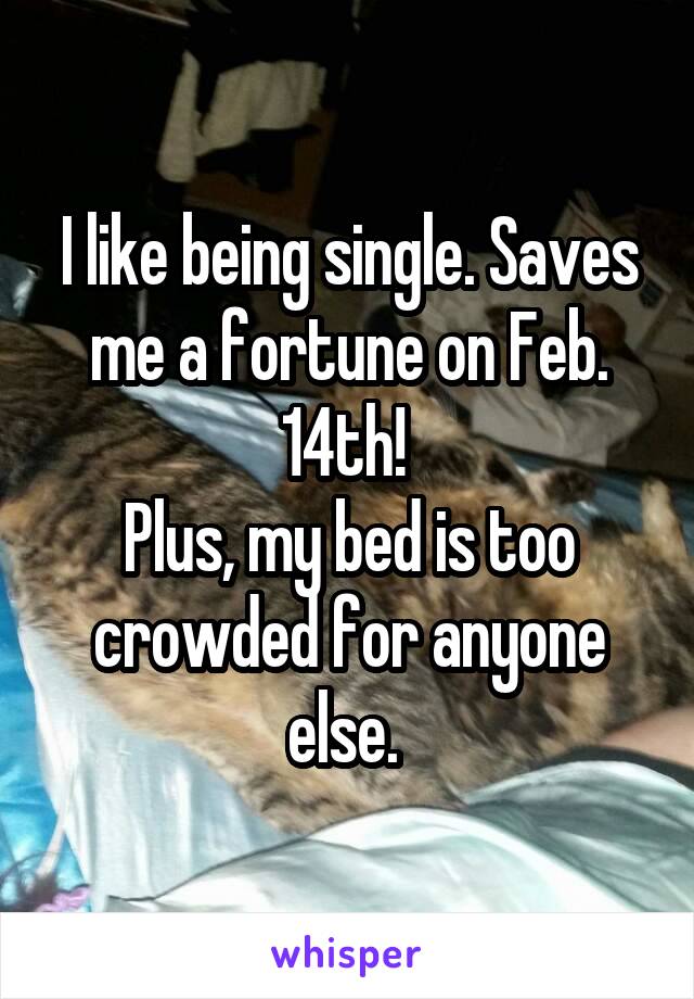 I like being single. Saves me a fortune on Feb. 14th! 
Plus, my bed is too crowded for anyone else. 