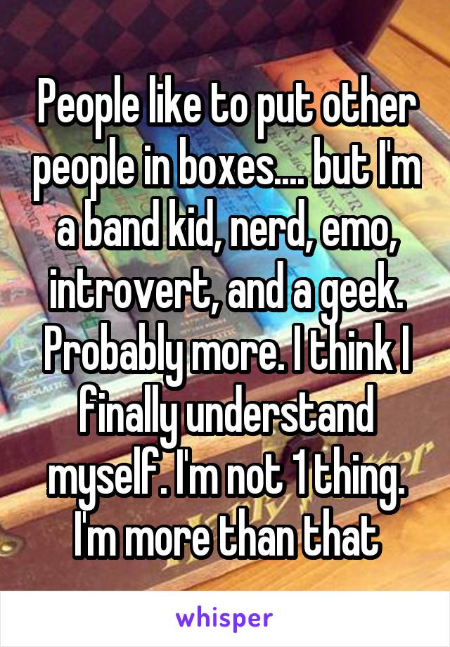 People like to put other people in boxes.... but I'm a band kid, nerd, emo, introvert, and a geek. Probably more. I think I finally understand myself. I'm not 1 thing. I'm more than that