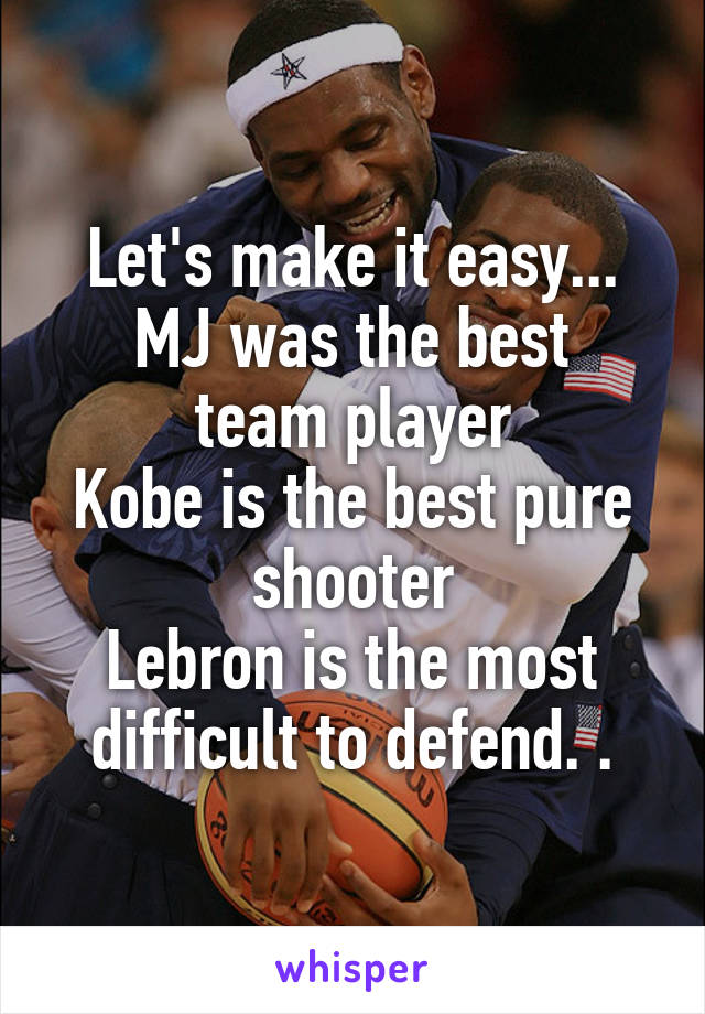 Let's make it easy...
MJ was the best team player
Kobe is the best pure shooter
Lebron is the most difficult to defend. .