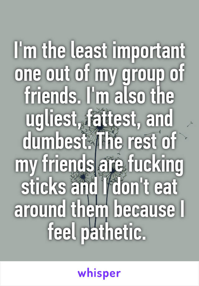 I'm the least important one out of my group of friends. I'm also the ugliest, fattest, and dumbest. The rest of my friends are fucking sticks and I don't eat around them because I feel pathetic. 