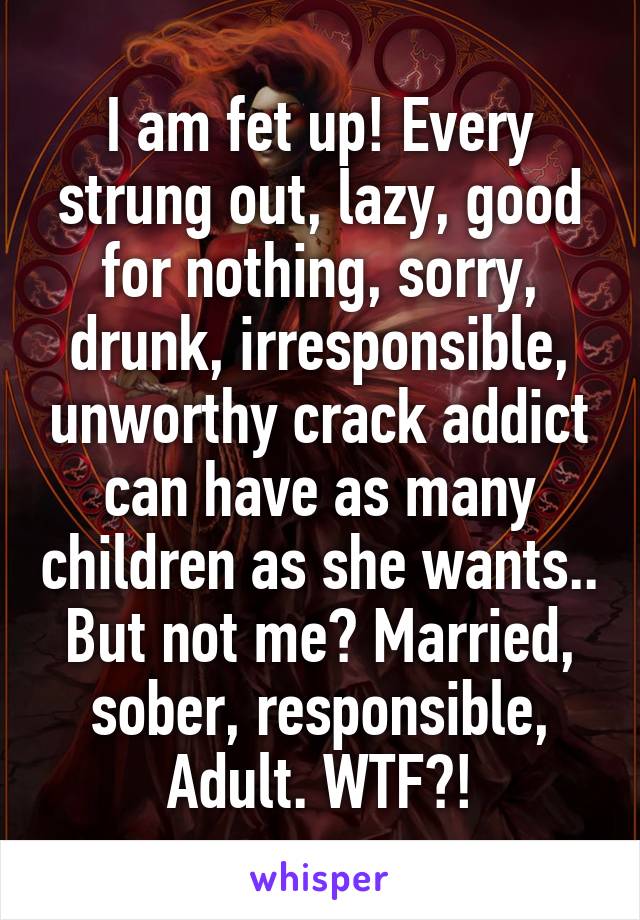 I am fet up! Every strung out, lazy, good for nothing, sorry, drunk, irresponsible, unworthy crack addict can have as many children as she wants.. But not me? Married, sober, responsible, Adult. WTF?!