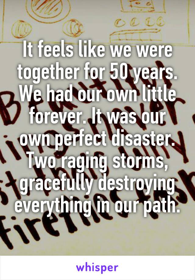 It feels like we were together for 50 years.
We had our own little forever. It was our own perfect disaster. Two raging storms, gracefully destroying everything in our path.
