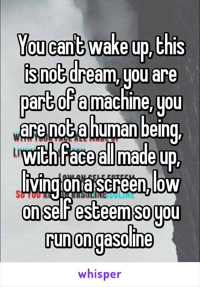 You can't wake up, this is not dream, you are part of a machine, you are not a human being, with face all made up, living on a screen, low on self esteem so you run on gasoline 