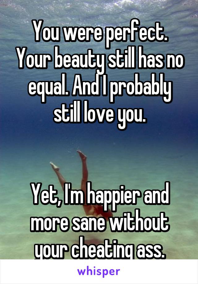 You were perfect. Your beauty still has no equal. And I probably still love you.


Yet, I'm happier and more sane without your cheating ass.