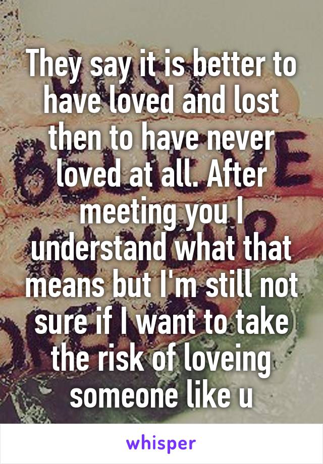 They say it is better to have loved and lost then to have never loved at all. After meeting you I understand what that means but I'm still not sure if I want to take the risk of loveing someone like u