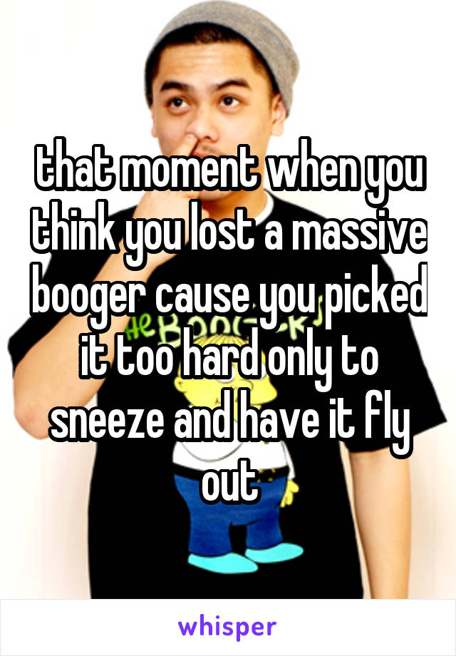 that moment when you think you lost a massive booger cause you picked it too hard only to sneeze and have it fly out
