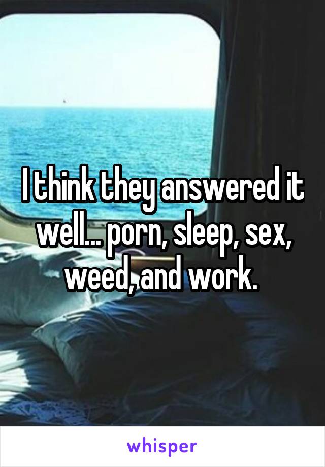 I think they answered it well... porn, sleep, sex, weed, and work. 