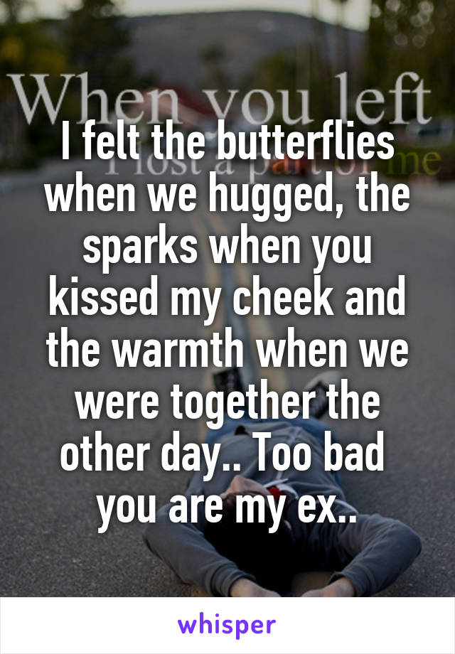 I felt the butterflies when we hugged, the sparks when you kissed my cheek and the warmth when we were together the other day.. Too bad 
you are my ex..