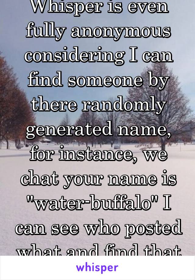 Whisper is even fully anonymous considering I can find someone by there randomly generated name, for instance, we chat your name is "water-buffalo" I can see who posted what and find that person again