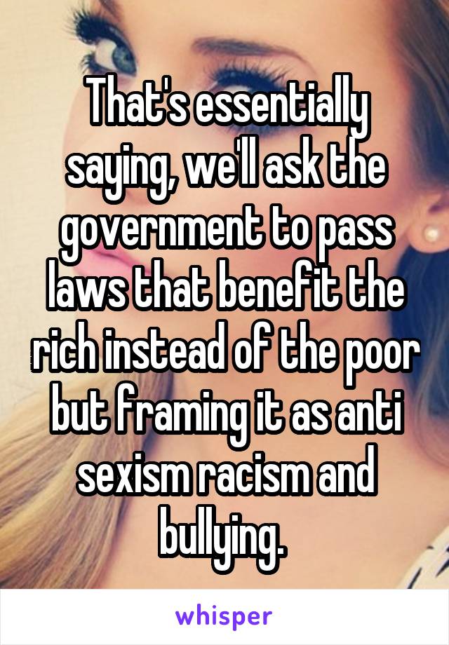 That's essentially saying, we'll ask the government to pass laws that benefit the rich instead of the poor but framing it as anti sexism racism and bullying. 