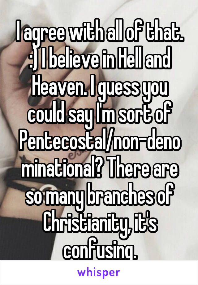 I agree with all of that. :) I believe in Hell and Heaven. I guess you could say I'm sort of Pentecostal/non-denominational? There are so many branches of Christianity, it's confusing.