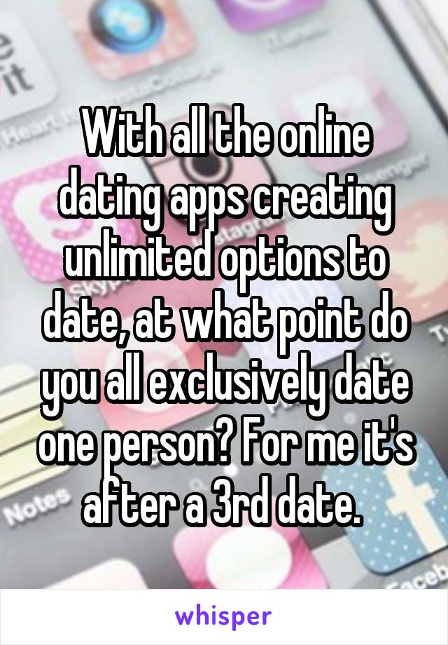 With all the online dating apps creating unlimited options to date, at what point do you all exclusively date one person? For me it's after a 3rd date. 