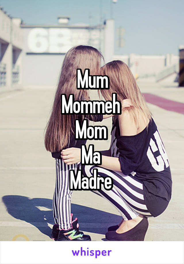 Mum
Mommeh 
Mom 
Ma 
Madre 
