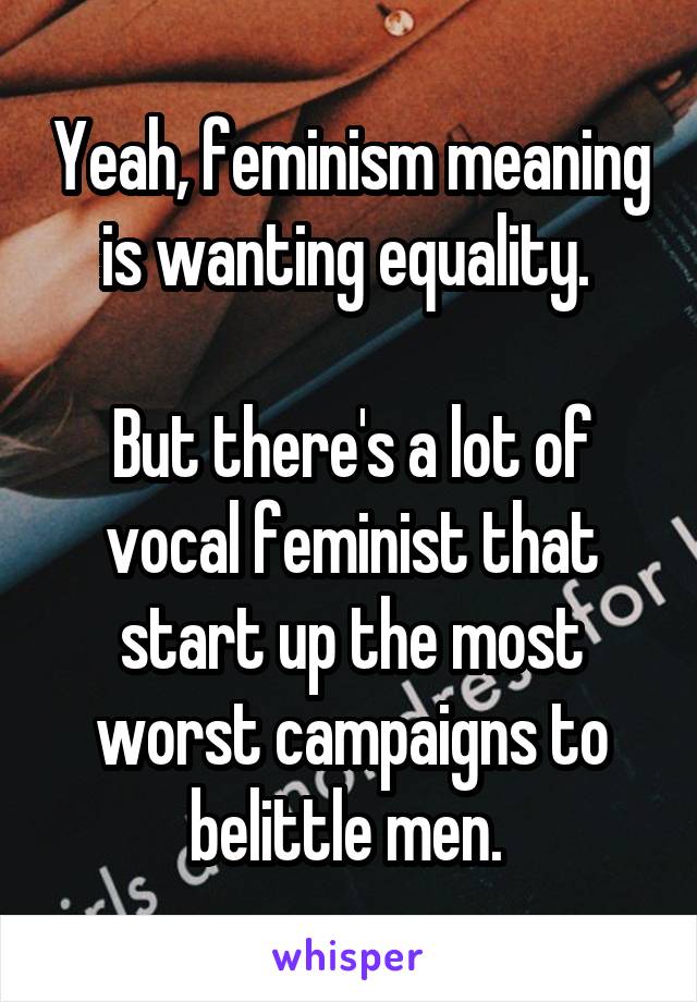 Yeah, feminism meaning is wanting equality. 

But there's a lot of vocal feminist that start up the most worst campaigns to belittle men. 