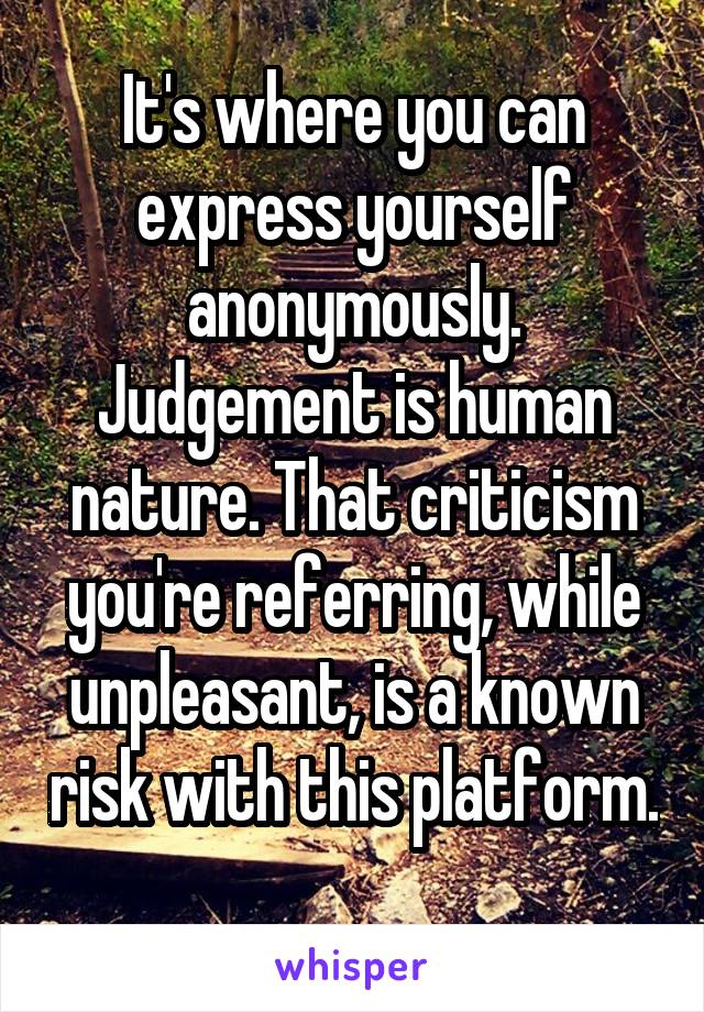 It's where you can express yourself anonymously. Judgement is human nature. That criticism you're referring, while unpleasant, is a known risk with this platform. 