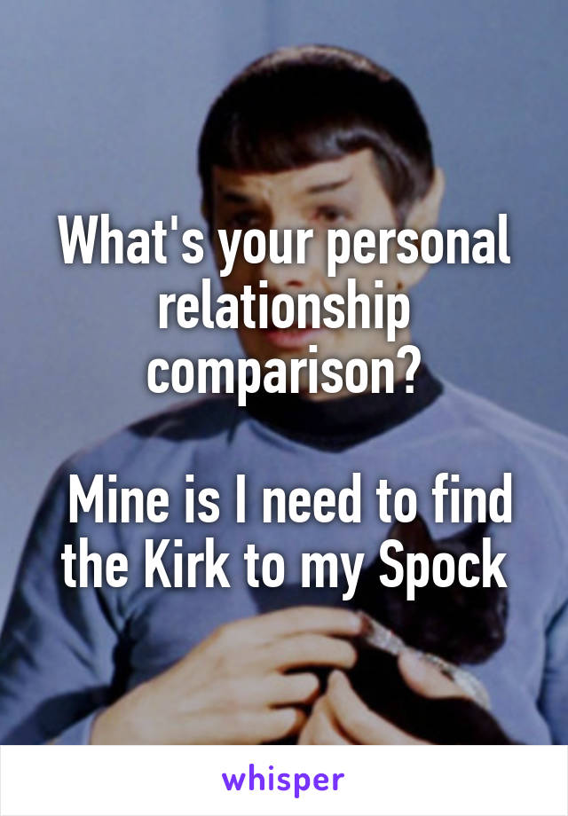 What's your personal relationship comparison?

 Mine is I need to find the Kirk to my Spock