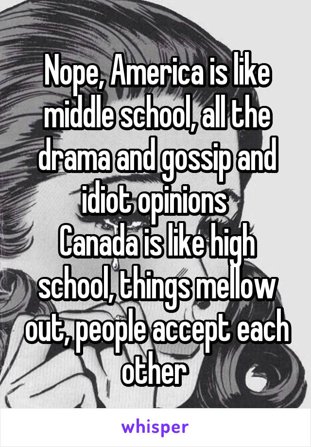 Nope, America is like middle school, all the drama and gossip and idiot opinions 
Canada is like high school, things mellow out, people accept each other 