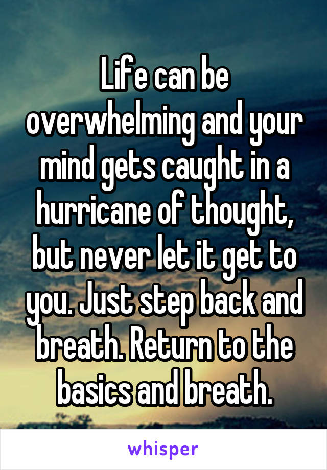 Life can be overwhelming and your mind gets caught in a hurricane of thought, but never let it get to you. Just step back and breath. Return to the basics and breath.