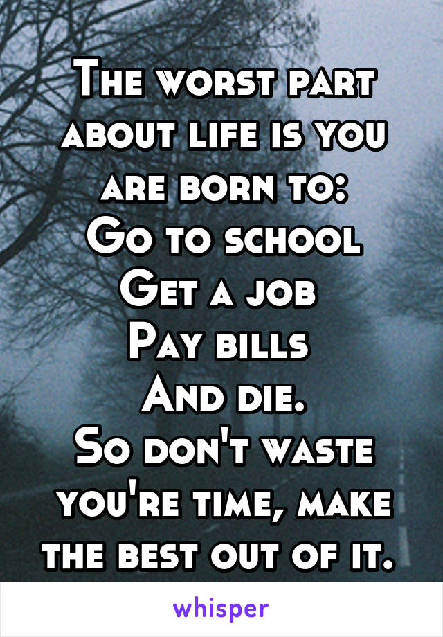 The worst part about life is you are born to:
Go to school
Get a job 
Pay bills 
And die.
So don't waste you're time, make the best out of it. 