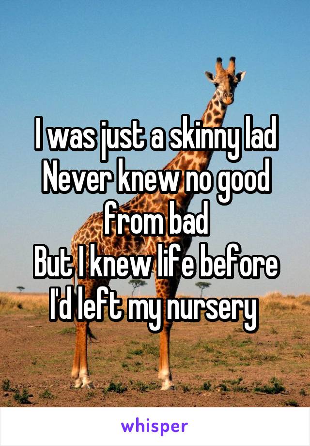 I was just a skinny lad
Never knew no good from bad
But I knew life before I'd left my nursery 