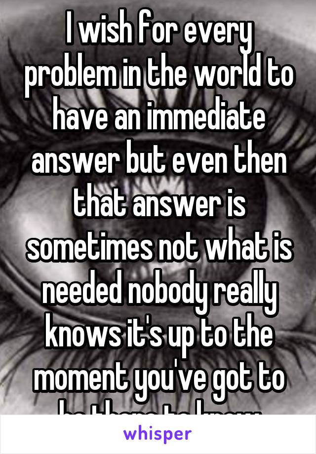 I wish for every problem in the world to have an immediate answer but even then that answer is sometimes not what is needed nobody really knows it's up to the moment you've got to be there to know