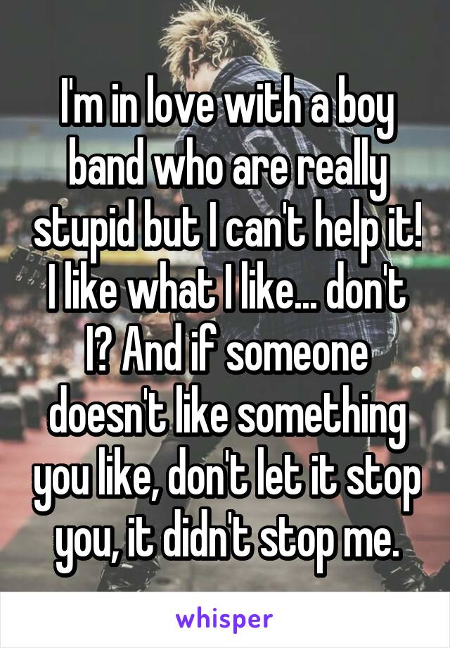 I'm in love with a boy band who are really stupid but I can't help it! I like what I like... don't I? And if someone doesn't like something you like, don't let it stop you, it didn't stop me.