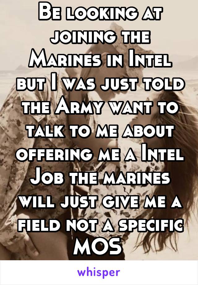 Be looking at joining the Marines in Intel but I was just told the Army want to talk to me about offering me a Intel Job the marines will just give me a field not a specific MOS 
Thoughts?