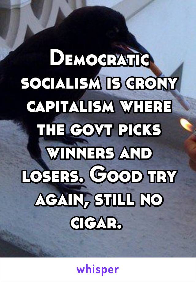 Democratic socialism is crony capitalism where the govt picks winners and losers. Good try again, still no cigar. 