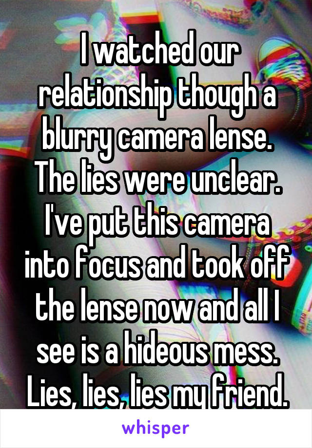  I watched our relationship though a blurry camera lense. The lies were unclear. I've put this camera into focus and took off the lense now and all I see is a hideous mess. Lies, lies, lies my friend.