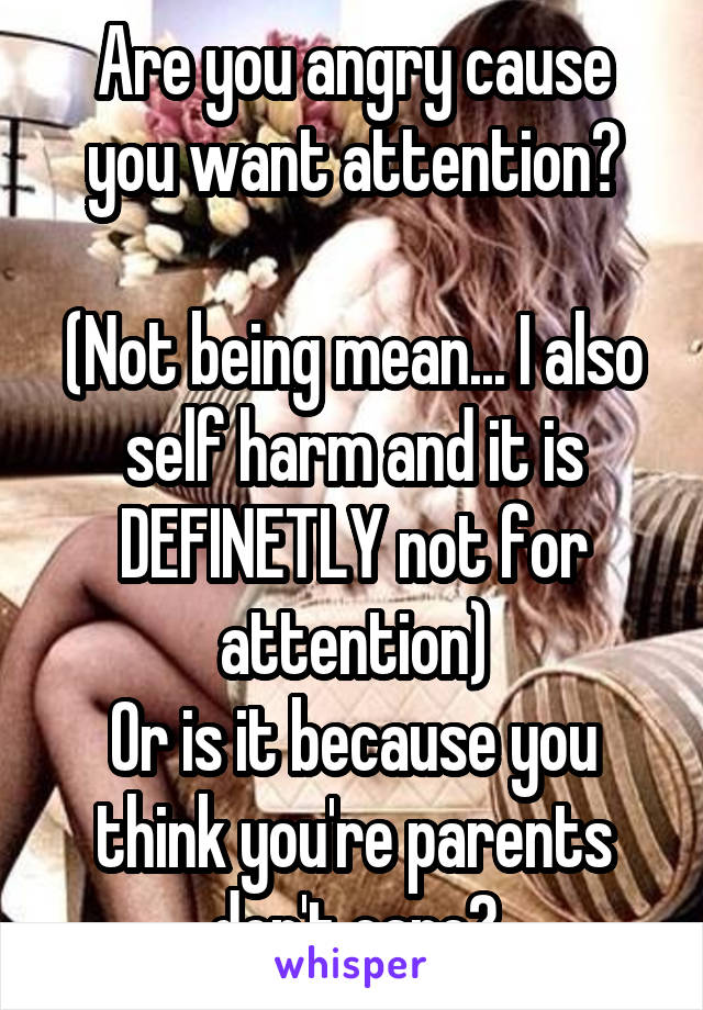 Are you angry cause you want attention?

(Not being mean... I also self harm and it is DEFINETLY not for attention)
Or is it because you think you're parents don't care?